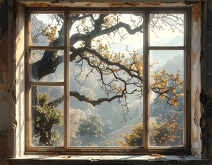 古い家の窓から見える靄のかかった森