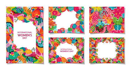 Set of four colorful floral frames and a vibrant floral poster