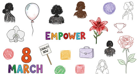 Collection of colorful illustrations celebrating international womens day