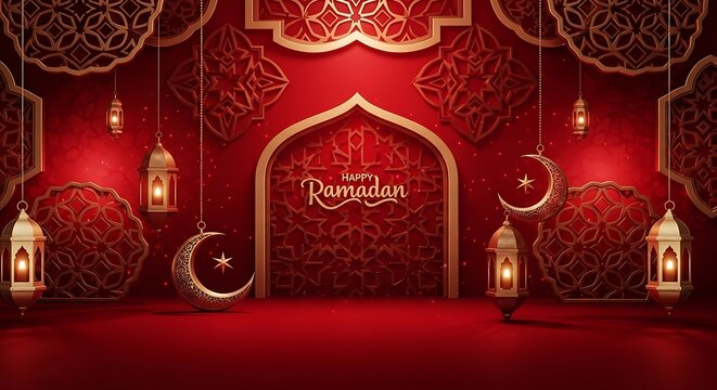 Ramadan themed red background with golden ornaments and lanterns.
