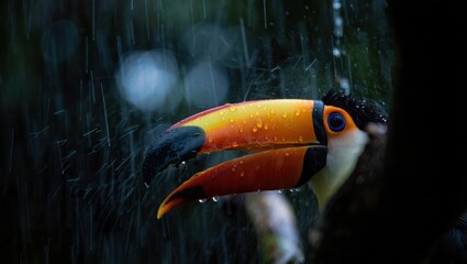 Naklejka premium Colorful toucan perched in rain with droplets on its vibrant beak