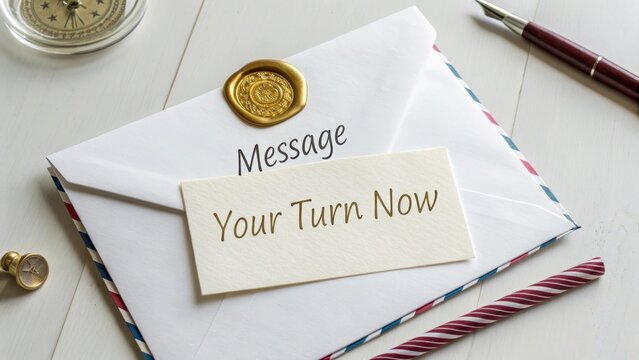 Sealed Envelope With Gold Sticker And Message Your Turn Now