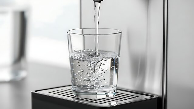 Water being poured into a glass on a modern dispenser in a kitchen setting