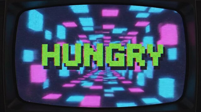 Retro television screen displays pixelated 'HUNGRY' text with neon tunnel