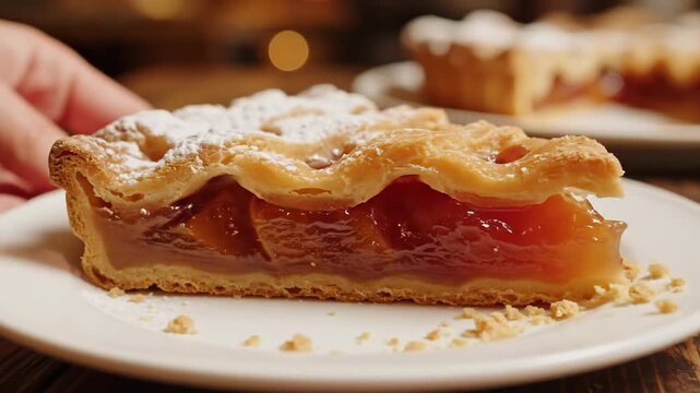 Close-up of a delicious slice of peach pie with lattice crust dusted with powdered sugar