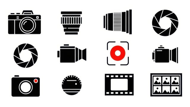 Photography Icons: Camera, Lens, Aperture, Film Roll, Photo Frame