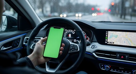 Modern Car Interior with Smartphone Green Screen Display and Navigation System