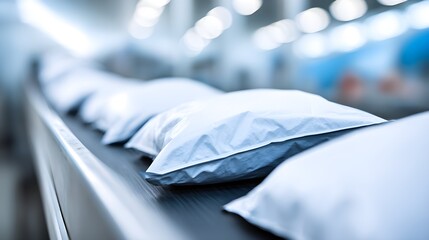 White Sealed Plastic Bags Moving On Industrial Conveyor Belt In Processing Factory 