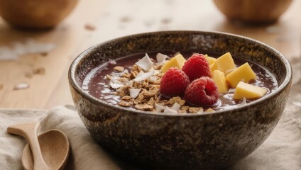 Delicious Acai Bowl with Fresh Raspberries and Mango Chunks.