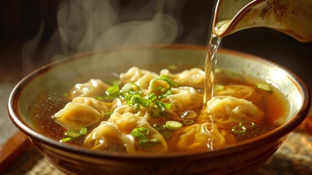 Steaming Hot Dumplings Being Served in a Ceramic Bowl