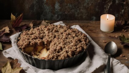 Fototapeta premium Delicious Apple Crumble Dessert with Candle and Autumn Leaves.
