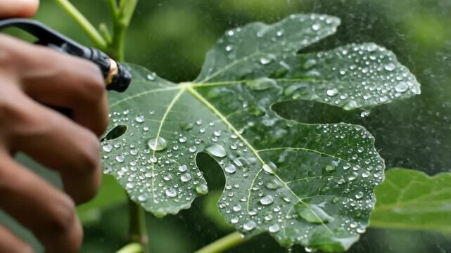 Close-up of a green fig leaf with water droplets being sprayed on it in a garden