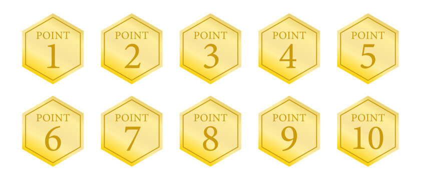 金色の六角形フレームに「POINT」の文字を刻んだ、箇条書きの見出しに使える番号付きアイコン
