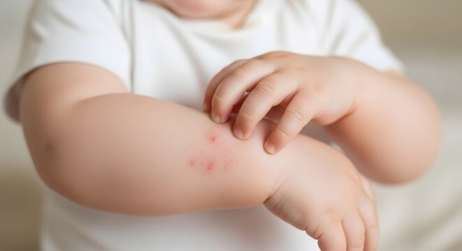 Baby scratching red irritated skin on arm Eczema Dermatitis Allergy