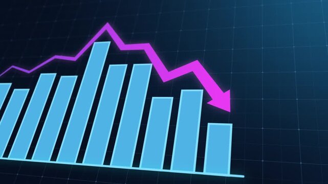 Digital finance downturn concept with 3D animated falling bar chart and glowing downward arrow. Ideal for business profit loss, sales drop, stock market fall, and negative performance 