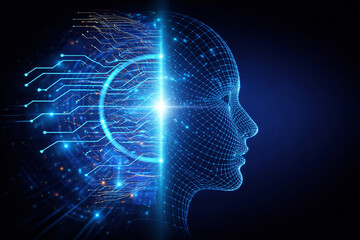 Obraz premium AI generated half human half digital face with glowing circuitry neural data flow and futuristic interface representing artificial intelligence human machine integration and future technology