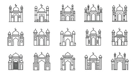 Fototapeta premium A collection of minimalist line art icons featuring various mosque designs, Islamic architectural elements, and ornate gates.