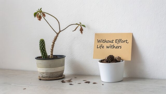 Unwatered Plant with 'Neglect' Note Symbolizing Life Wither