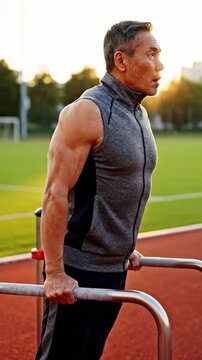 Mature man performing dips on parallel bars at an outdoor sports track