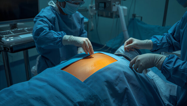 ヨードで消毒された皮膚とドレープ固定に集中する手術前準備の手術室