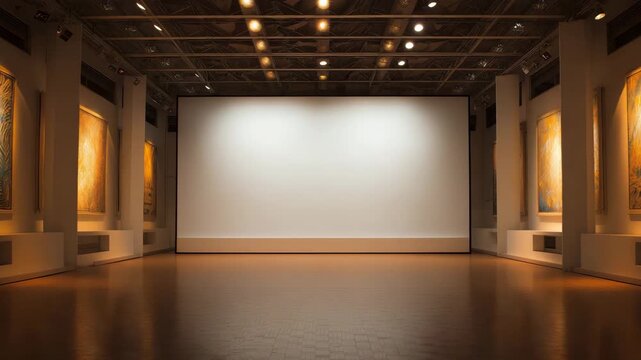 A contemporary art gallery with a single, large empty frame, strikingly illuminated by a sharp spotlight, set against a backdrop of clean, white walls.