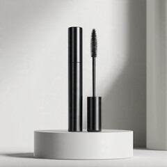 Obraz premium Mascara wand and tube mockup on white podium pedestal in minimalist studio background vertical orientation clean aesthetic style
