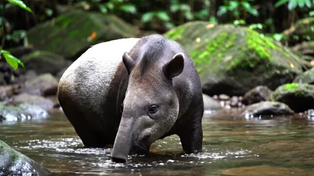 Tapir standing in a serene forest stream surrounded by lush greenery and large rocks.