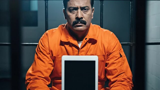 A serious-looking man in an orange prison jumpsuit holds a tablet in a jail cell, looking directly at the camera