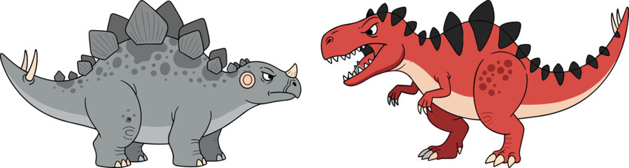 Cute cartoon dinosaur characters illustration, colorful prehistoric animals stegosaurus and tyrannosaurus in playful vector style for kids education design © MDALRAFIN