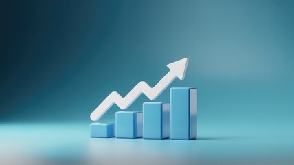 3D rendering of blue bar chart with white arrow pointing up indicating business growth financial success market progress on blue b