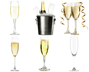 a vibrant collection of champagne glasses, a chilled bottle in an ice bucket, and celebratory elements, isolated against a pristine transparent background. © Feroz Qazi