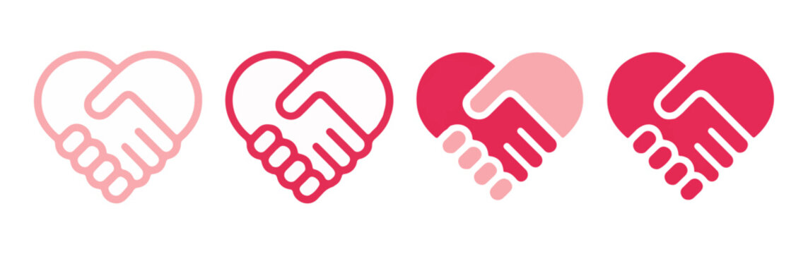 Pink heart handshake logo set representing charity compassion community and medical care in simple strokes