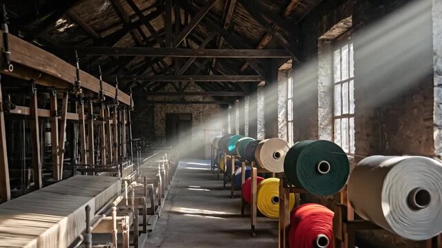 Sunbeams illuminating vintage textile factory with spools of colorful thread