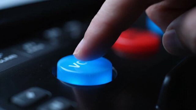 Finger presses blue "VOTE" button on dark panel, with red button blurred in background