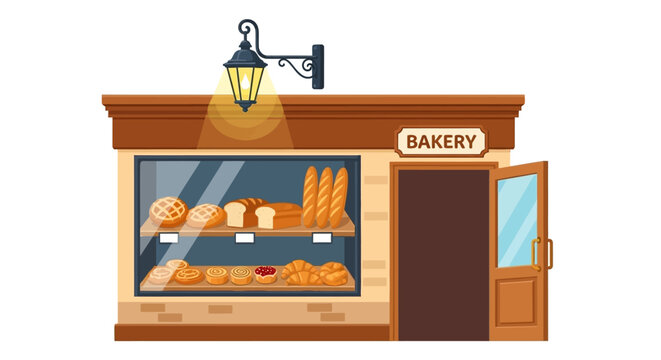 Illustration of a bakery storefront with pastries and bread on display, viewed from the street.