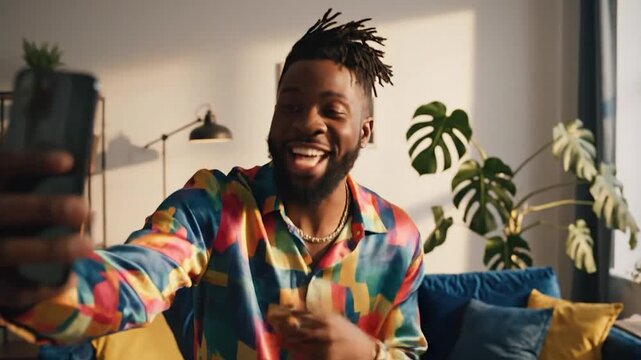 Smiling man in colorful shirt records video or takes selfie at home.
