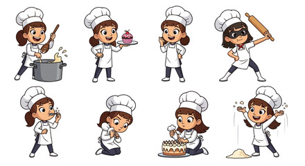 A cartoon baker performs various tasks in the kitchen, showcasing different actions and utensils.