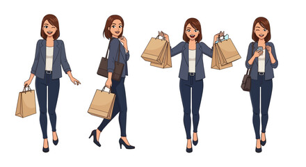 Obraz premium Illustration of a woman shopping with multiple bags from different viewpoints