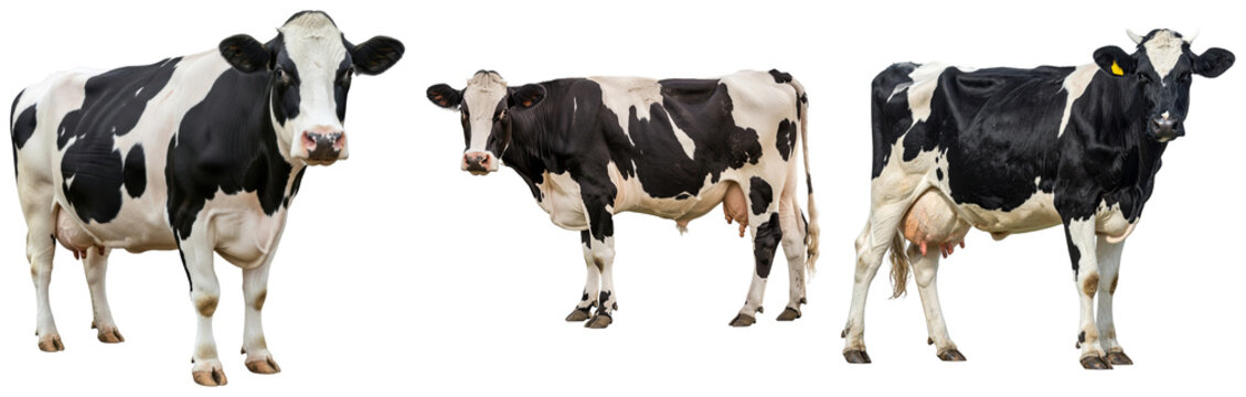 a striking collection of three holstein cows, captured in full body shots, standing gracefully against a clean, transparent background.