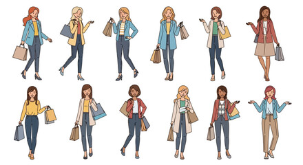 Fototapeta premium Collection of diverse women walking with shopping bags in various stylish outfits