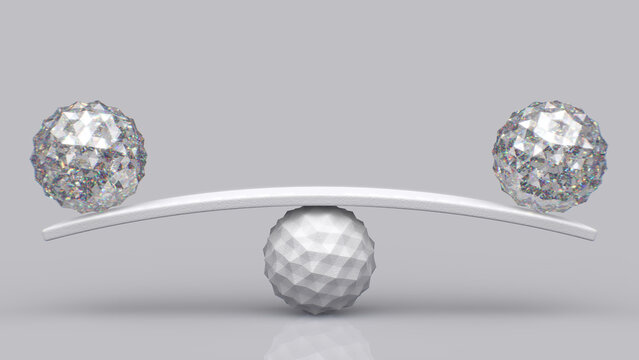 Abstract Balance Concept with Crystal and White Geometric Spheres on Scale &ndash; Equality and Comparison, 3d rendering