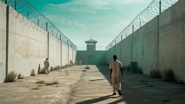 A lone prisoner walks down a desolate prison yard under a watchtower, enclosed by high walls and barbed wire