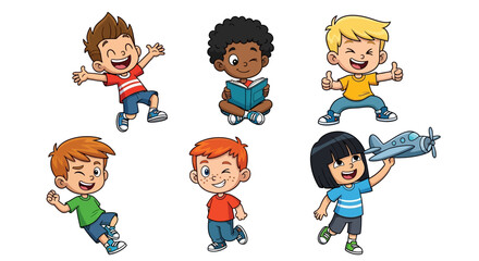 Naklejka premium Group of diverse children playing together with joyful expressions in a lively illustration