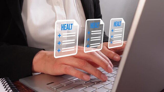 Woman typing on a computer with an animation of three medical document icons.