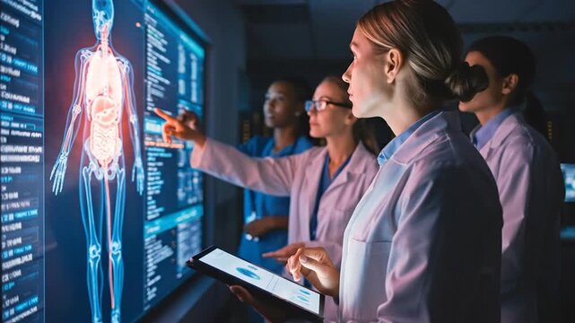 Medical professionals analyze 3D human anatomy scan on a large digital display in a modern laboratory