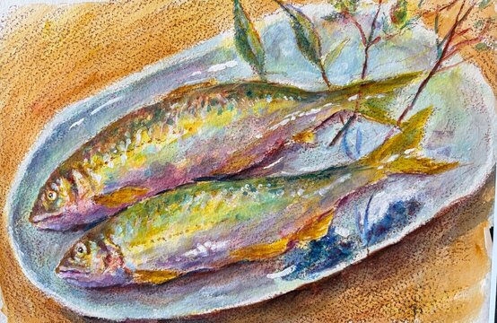 鮎、川魚、鮮魚、水彩Watercolor illustration of Ayu Sweetfish