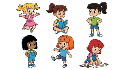 Fototapeta premium Group of diverse cartoon children playing and engaging in activities together in a lively illustration