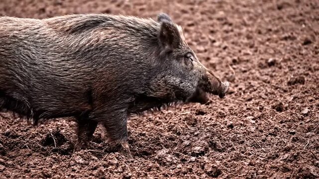 Wild boar rooting in the ground.