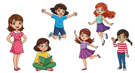 Children playing and jumping together in various poses and outfits