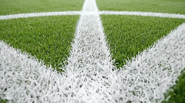 A captivating low-angle, slow tracking shot glides precisely along the crisp white lines marking a vibrant green sports field. The camera gracefully moves past the detailed intersection of the main bo